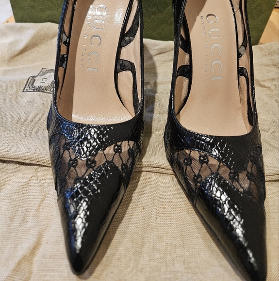 New Gucci Calf Leather Python Print GG Logo High Heels Shoes Size 37 / US 7 - Picture 2 of 8